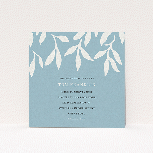 A funeral thank you card design called "Remembering winter". It is a square (148mm x 148mm) card in a square orientation. "Remembering winter" is available as a flat card, with tones of blue and white.