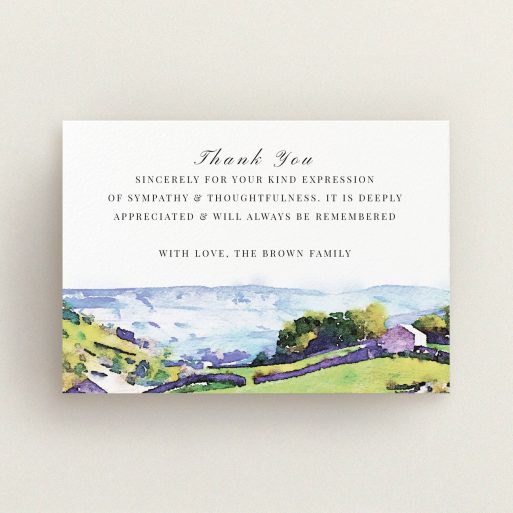 Funeral Thank You Card Design - "Rolling down the valley" A funeral thank you card design named "Rolling down the valley". It is an A6 card in a landscape orientation. "Rolling down the valley" is available as a flat card, with tones of white, blue and green.