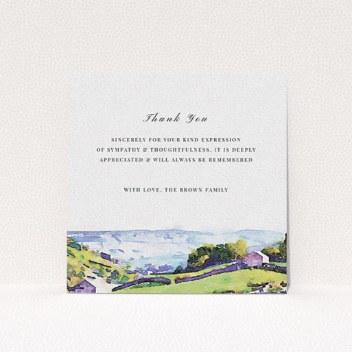 A funeral thank you card called "Rolling down the valley". It is a square (148mm x 148mm) card in a square orientation. "Rolling down the valley" is available as a flat card, with tones of white, blue and green.