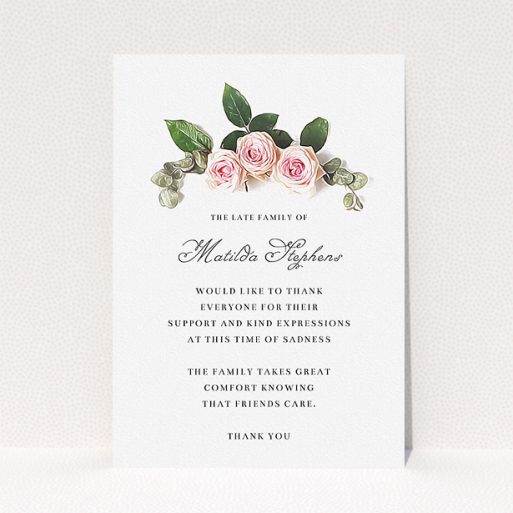 A funeral thank you card design called "Rose bouquet". It is an A5 card in a portrait orientation. "Rose bouquet" is available as a flat card, with tones of light pink and green.