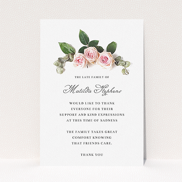A funeral thank you card design called "Rose bouquet". It is an A5 card in a portrait orientation. "Rose bouquet" is available as a flat card, with tones of light pink and green.