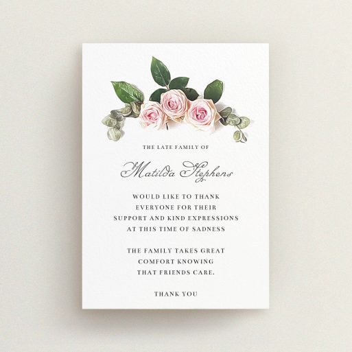 Funeral Thank You Card Design - "Rose bouquet" A funeral thank you card design called "Rose bouquet". It is an A6 card in a portrait orientation. "Rose bouquet" is available as a flat card, with tones of light pink and green.
