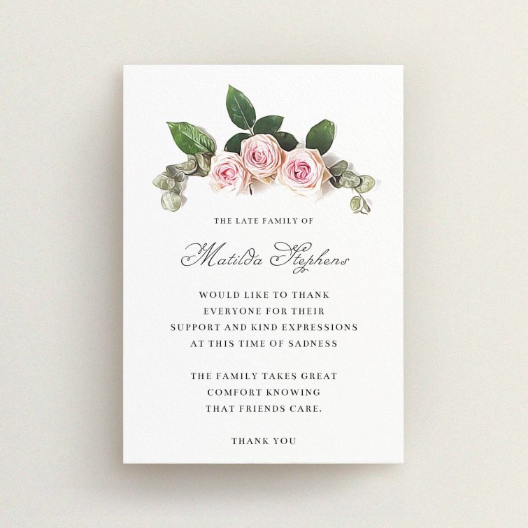 A funeral thank you card design called "Rose bouquet". It is an A6 card in a portrait orientation. "Rose bouquet" is available as a flat card, with tones of light pink and green.
