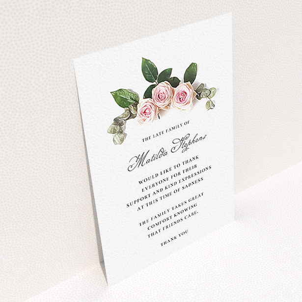 A funeral thank you card design called "Rose bouquet". It is an A6 card in a portrait orientation. "Rose bouquet" is available as a flat card, with tones of light pink and green.