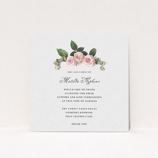 A funeral thank you card named "Rose bouquet". It is a square (148mm x 148mm) card in a square orientation. "Rose bouquet" is available as a flat card, with tones of light pink and green.