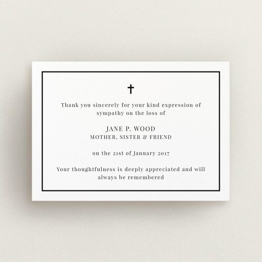 Funeral Thank You Card Design - "Simple respects" A funeral thank you card called "Simple respects". It is an A6 card in a landscape orientation. "Simple respects" is available as a flat card, with tones of white and black.