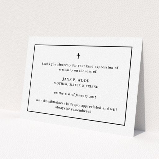 A funeral thank you card called 'Simple respects'. It is an A6 card in a landscape orientation. 'Simple respects' is available as a flat card, with tones of white and black.