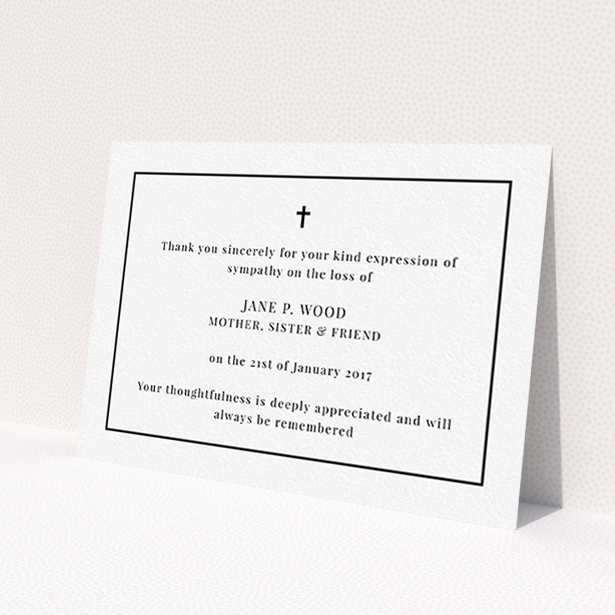 A funeral thank you card called "Simple respects". It is an A6 card in a landscape orientation. "Simple respects" is available as a flat card, with tones of white and black.