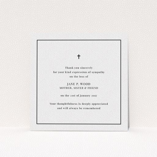 A funeral thank you card design titled "Simple respects". It is a square (148mm x 148mm) card in a square orientation. "Simple respects" is available as a flat card, with tones of white and black.