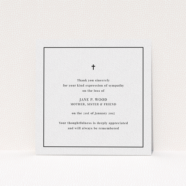 A funeral thank you card design titled "Simple respects". It is a square (148mm x 148mm) card in a square orientation. "Simple respects" is available as a flat card, with tones of white and black.
