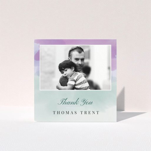 Funeral Thank You Card Design - "Sketch of watercolour" A funeral thank you card design titled "Sketch of watercolour". It is a square (148mm x 148mm) card in a square orientation. It is a photographic funeral thank you card with room for 1 photo. "Sketch of watercolour" is available as a folded card, with tones of green, purple and pale blue.