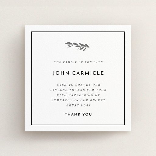 Funeral Thank You Card Design - "Stamp of the tree" A funeral thank you card template titled "Stamp of the tree". It is a square (148mm x 148mm) card in a square orientation. "Stamp of the tree" is available as a flat card, with tones of white and silver.