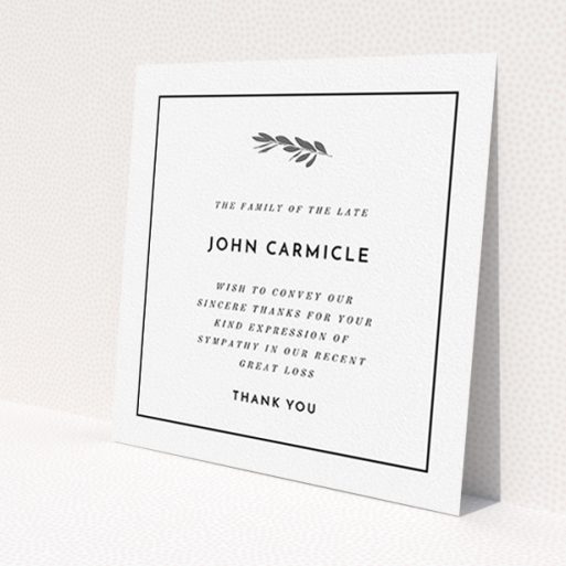 A funeral thank you card template titled 'Stamp of the tree'. It is a square (148mm x 148mm) card in a square orientation. 'Stamp of the tree' is available as a flat card, with tones of white and silver.