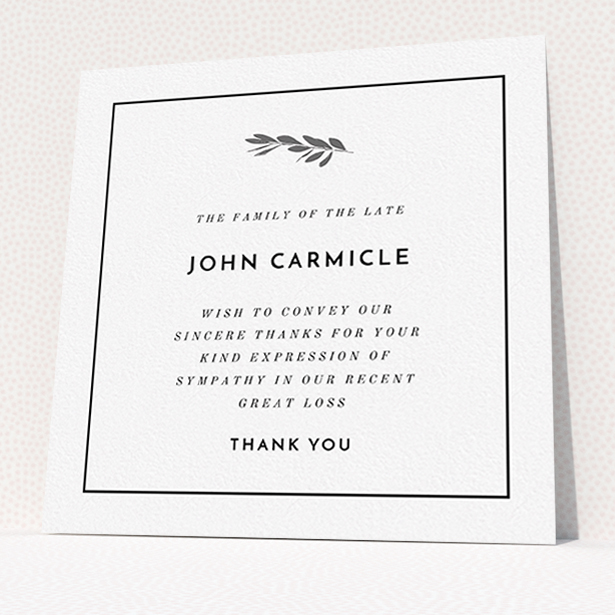 A funeral thank you card template titled "Stamp of the tree". It is a square (148mm x 148mm) card in a square orientation. "Stamp of the tree" is available as a flat card, with tones of white and silver.