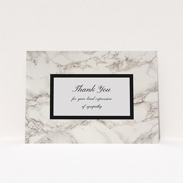 A funeral thank you card design titled "Supported by marble". It is an A6 card in a landscape orientation. "Supported by marble" is available as a flat card, with mainly pinky-grey colouring.