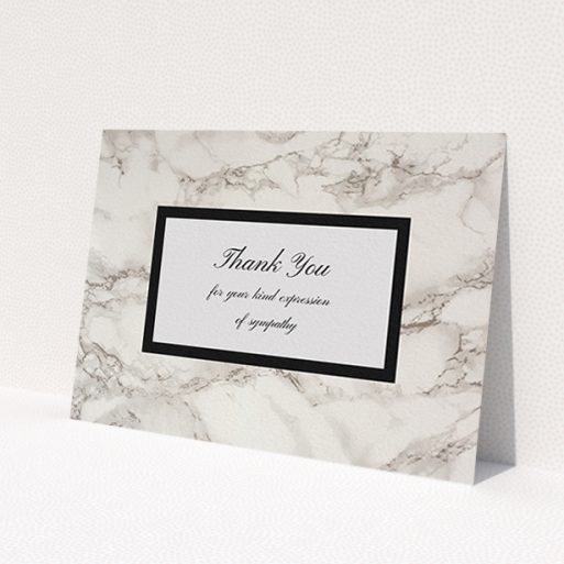 A funeral thank you card design titled 'Supported by marble'. It is an A6 card in a landscape orientation. 'Supported by marble' is available as a flat card, with mainly pinky-grey colouring.