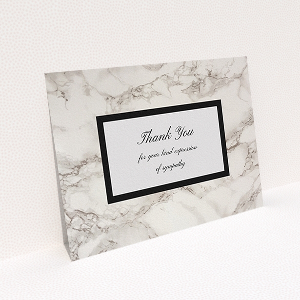 A funeral thank you card design titled "Supported by marble". It is an A6 card in a landscape orientation. "Supported by marble" is available as a flat card, with mainly pinky-grey colouring.