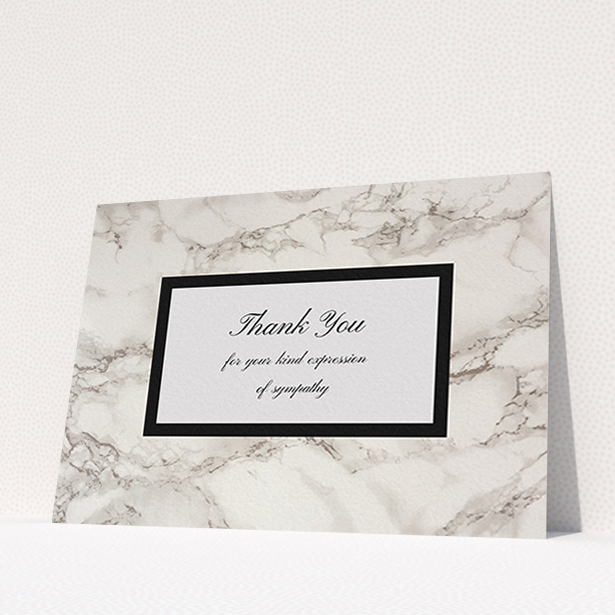 A funeral thank you card design titled "Supported by marble". It is an A6 card in a landscape orientation. "Supported by marble" is available as a flat card, with mainly pinky-grey colouring.