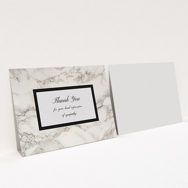 A funeral thank you card design titled "Supported by marble". It is an A6 card in a landscape orientation. "Supported by marble" is available as a flat card, with mainly pinky-grey colouring.