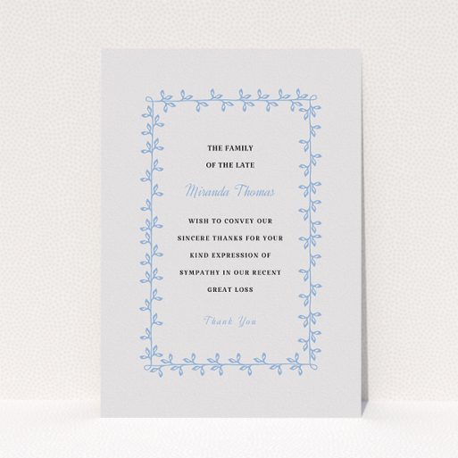 A funeral thank you card design called "Surrounded by the forest". It is an A5 card in a portrait orientation. "Surrounded by the forest" is available as a flat card, with tones of light grey and light blue.