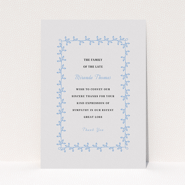 A funeral thank you card design called "Surrounded by the forest". It is an A5 card in a portrait orientation. "Surrounded by the forest" is available as a flat card, with tones of light grey and light blue.