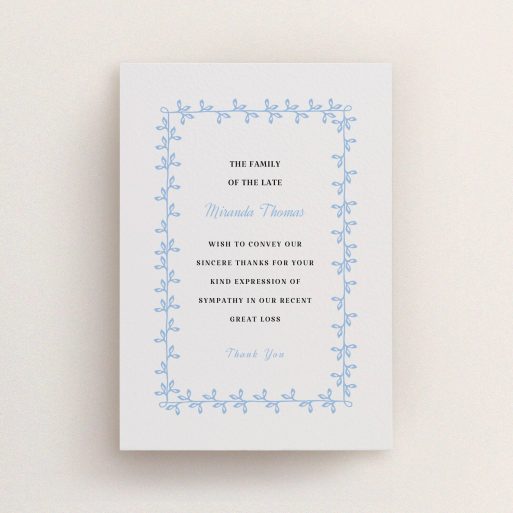 Funeral Thank You Card Design - "Surrounded by the forest" A funeral thank you card template titled "Surrounded by the forest". It is an A6 card in a portrait orientation. "Surrounded by the forest" is available as a flat card, with tones of light grey and light blue.