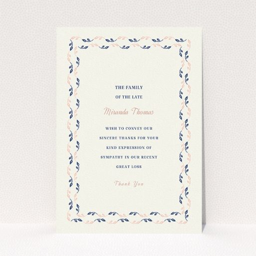 A funeral thank you card design named "Swimming in the garden". It is an A5 card in a portrait orientation. "Swimming in the garden" is available as a flat card, with tones of cream, pink and navy blue.