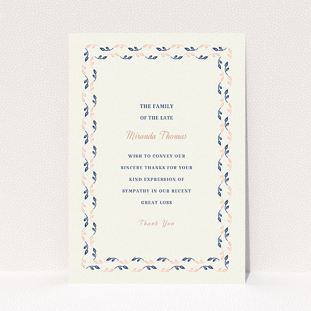 A funeral thank you card design named "Swimming in the garden". It is an A5 card in a portrait orientation. "Swimming in the garden" is available as a flat card, with tones of cream, pink and navy blue.