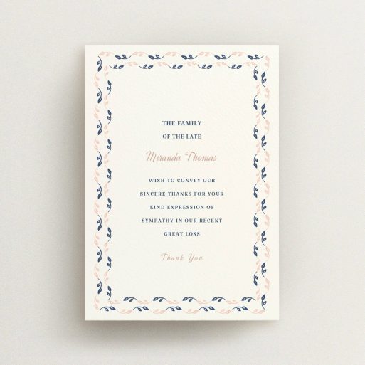 Funeral Thank You Card Design - "Swimming in the garden" A funeral thank you card called "Swimming in the garden". It is an A6 card in a portrait orientation. "Swimming in the garden" is available as a flat card, with tones of cream, pink and navy blue.