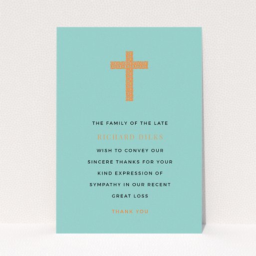 A funeral thank you card called "The celebration". It is an A5 card in a portrait orientation. "The celebration" is available as a flat card, with tones of teal and orange.