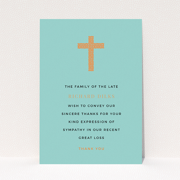 A funeral thank you card called "The celebration". It is an A5 card in a portrait orientation. "The celebration" is available as a flat card, with tones of teal and orange.