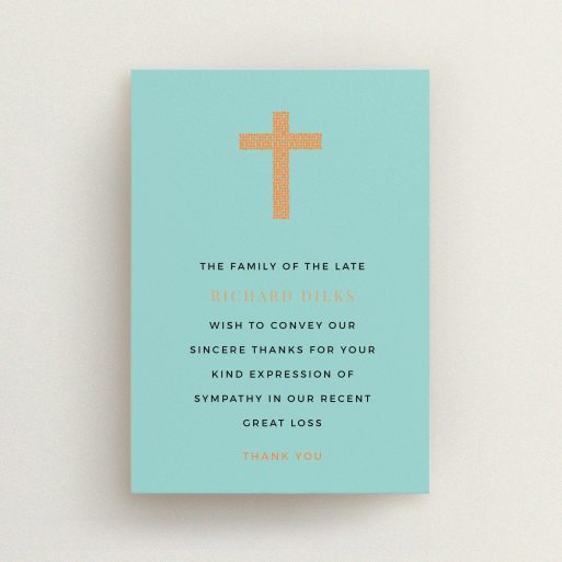 Funeral Thank You Card Design - "The celebration" A funeral thank you card design titled "The celebration". It is an A6 card in a portrait orientation. "The celebration" is available as a flat card, with tones of teal and orange.