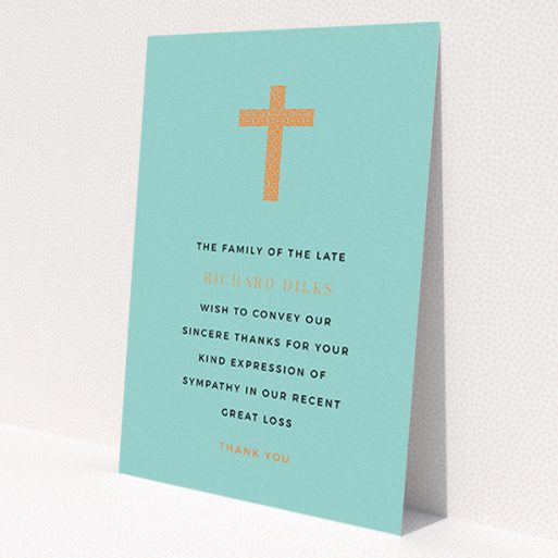A funeral thank you card design titled 'The celebration'. It is an A6 card in a portrait orientation. 'The celebration' is available as a flat card, with tones of teal and orange.