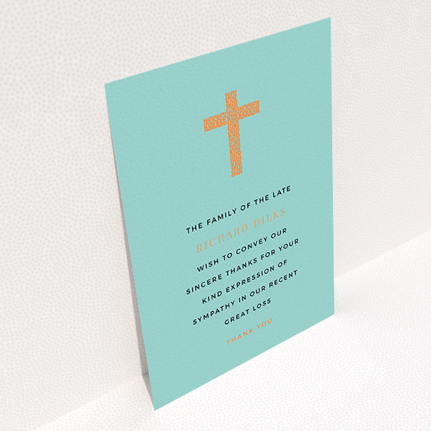 A funeral thank you card design titled "The celebration". It is an A6 card in a portrait orientation. "The celebration" is available as a flat card, with tones of teal and orange.