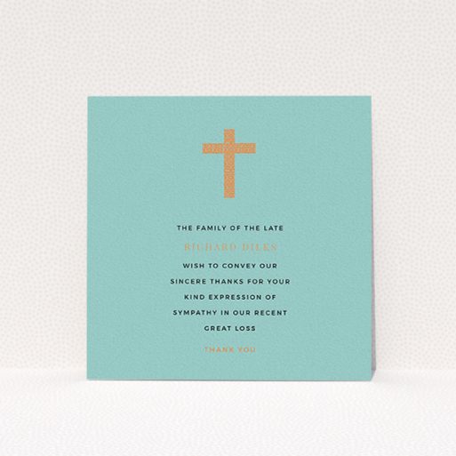 A funeral thank you card design titled "The celebration". It is a square (148mm x 148mm) card in a square orientation. "The celebration" is available as a flat card, with tones of teal and orange.
