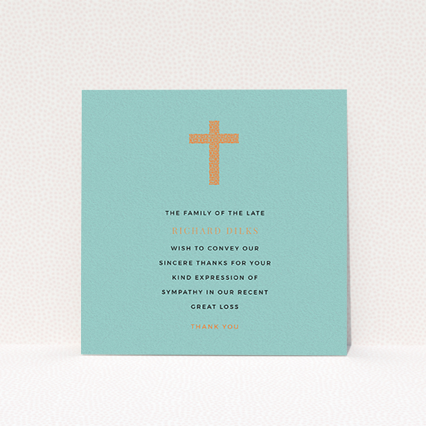 A funeral thank you card design titled "The celebration". It is a square (148mm x 148mm) card in a square orientation. "The celebration" is available as a flat card, with tones of teal and orange.