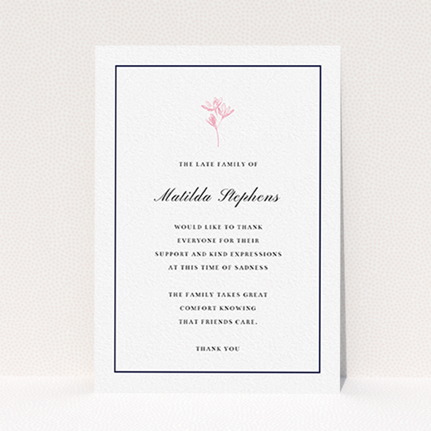 A funeral thank you card design named "The sweetest of daisies". It is an A6 card in a portrait orientation. "The sweetest of daisies" is available as a flat card, with tones of white and pink.
