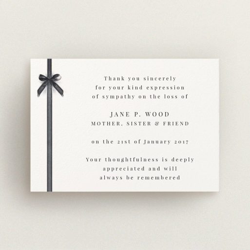Funeral Thank You Card Design - "Tied gracefully" A funeral thank you card template titled "Tied gracefully". It is an A6 card in a landscape orientation. "Tied gracefully" is available as a flat card, with tones of pale cream and faded black.