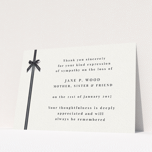A funeral thank you card template titled "Tied gracefully". It is an A6 card in a landscape orientation. "Tied gracefully" is available as a flat card, with tones of pale cream and faded black.