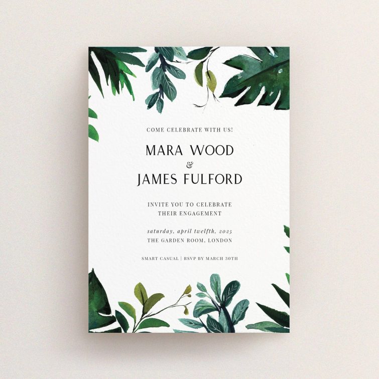 Green foliage elegant engagement party invitations with botanical design, no photos present.