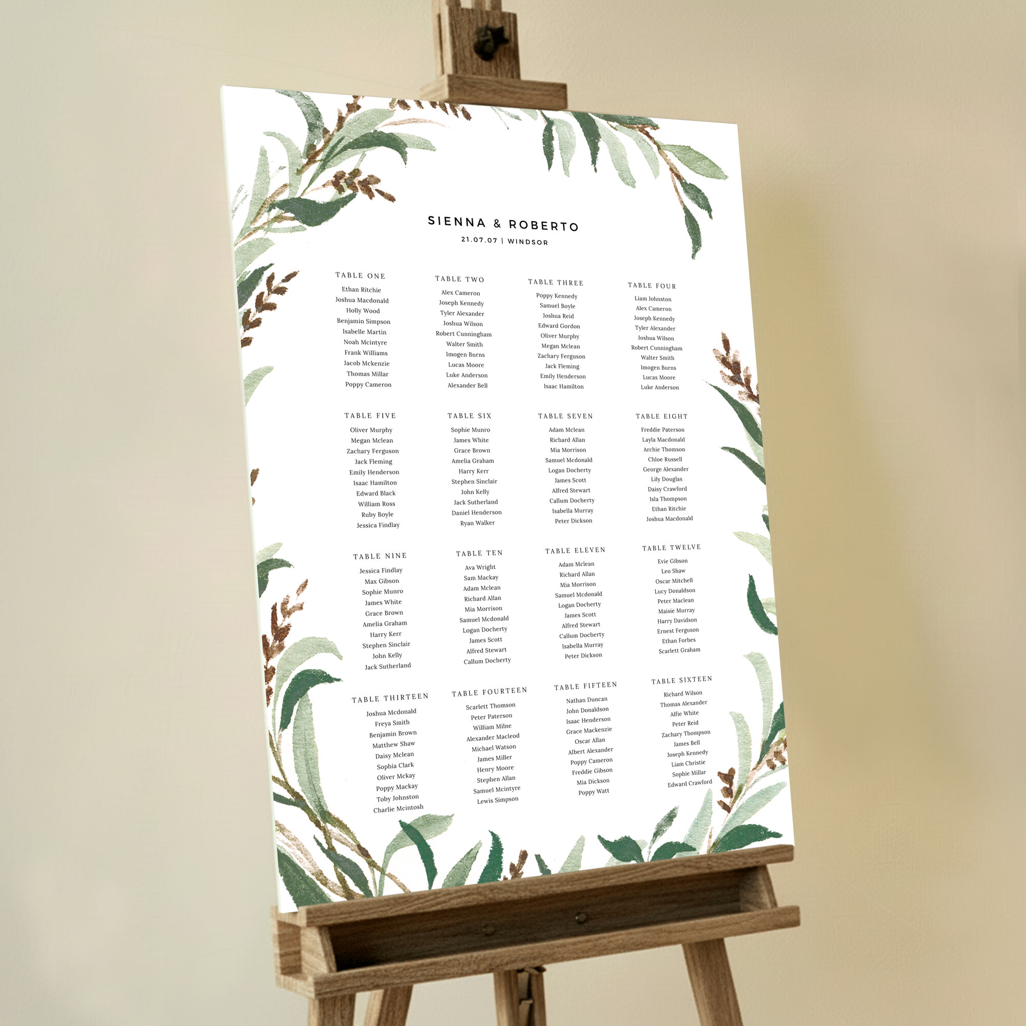 Charming 'Garden Garland' Seating Plan design featuring a painted floral wreath in early summer or autumnal colours that encircles the plan, evoking the charm and warmth of a garden celebration.. This one shows 16 tables.