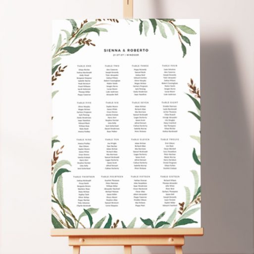 Charming "Garden Garland" Seating Plan design featuring a painted floral wreath in early summer or autumnal colours that encircles the plan, evoking the charm and warmth of a garden celebration.. This one shows 16 tables.