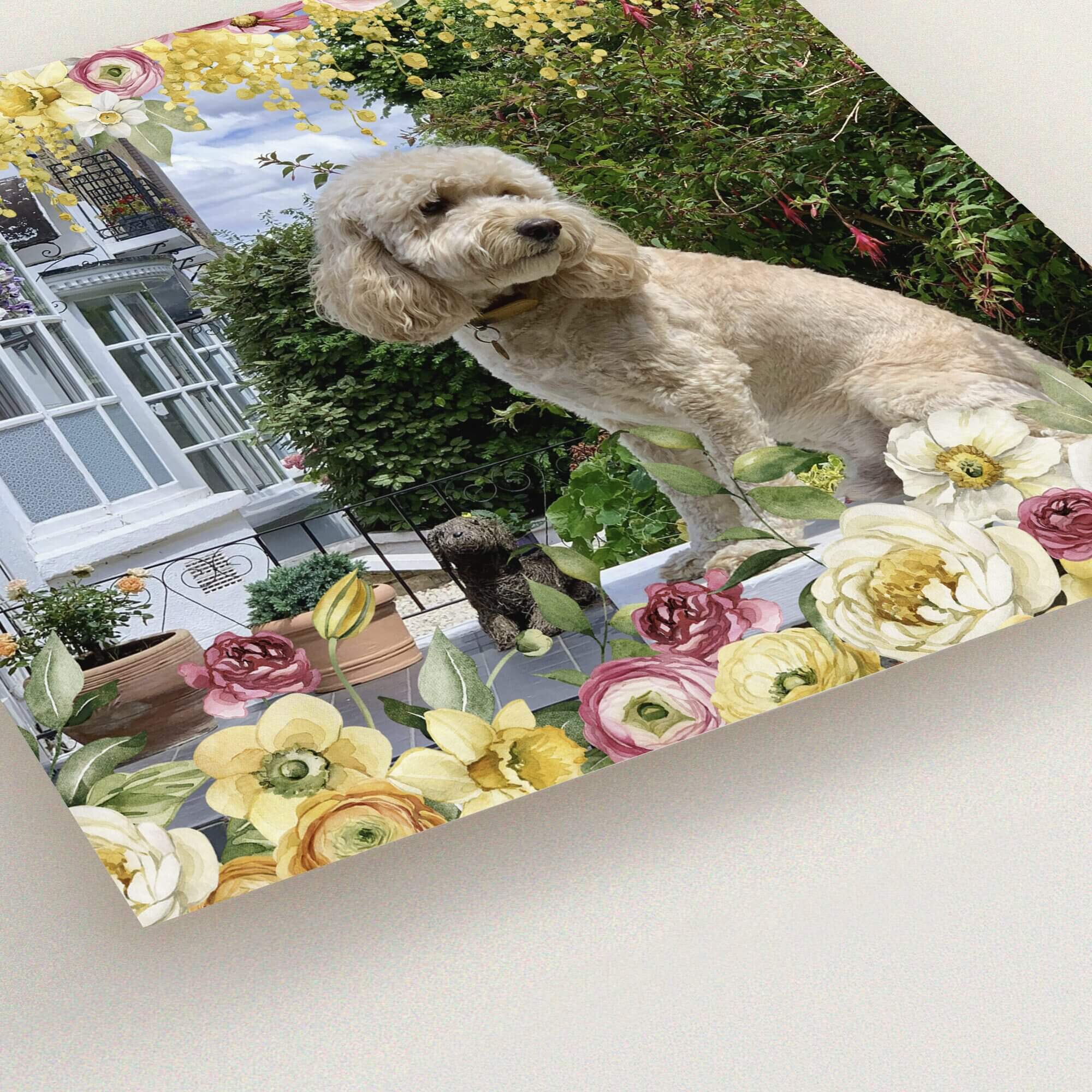 Floral-themed change of address card featuring one photo and a dog in a garden setting