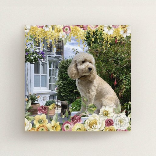 Charming Address Card Floral-themed change of address card featuring one photo and a dog in a garden setting