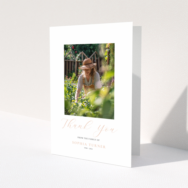 Funeral thank you card with one photo in a garden setting