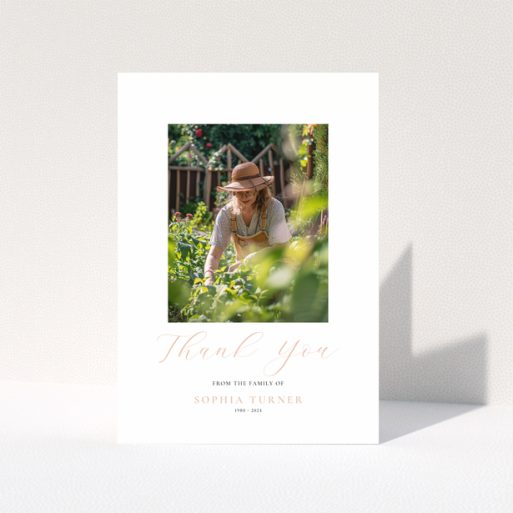 Funeral thank you card with one photo in a garden setting