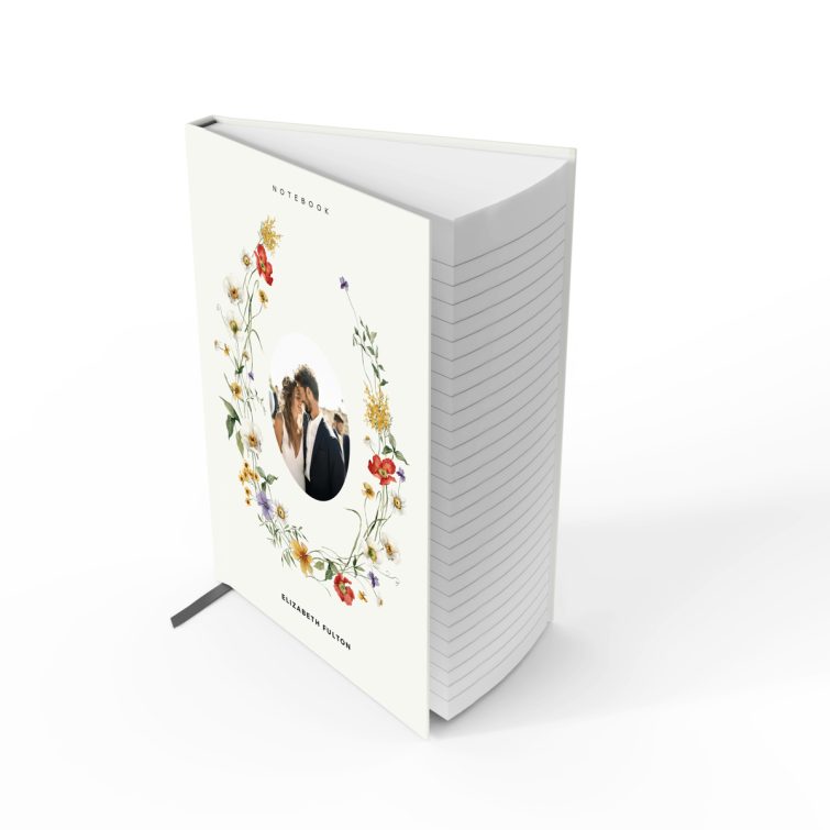 Personalised floral notebook cover design with one wedding photo on the front.