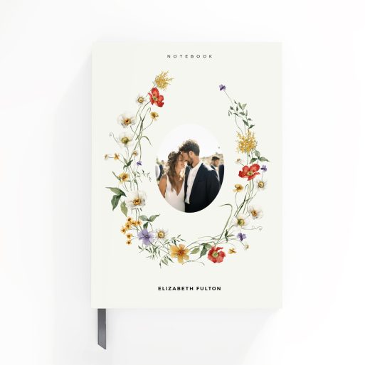 Personalised floral notebook cover design with one wedding photo on the front.