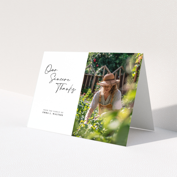 Funeral thank you card with one photo featuring a woman in a garden.