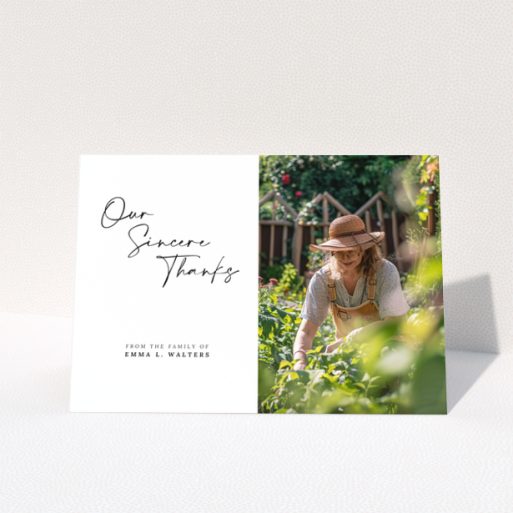 Funeral thank you card with one photo featuring a woman in a garden.